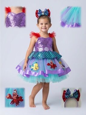 Mermaid Tutu Costume Kids Size 8 Sequins Dress Set Headband Tail